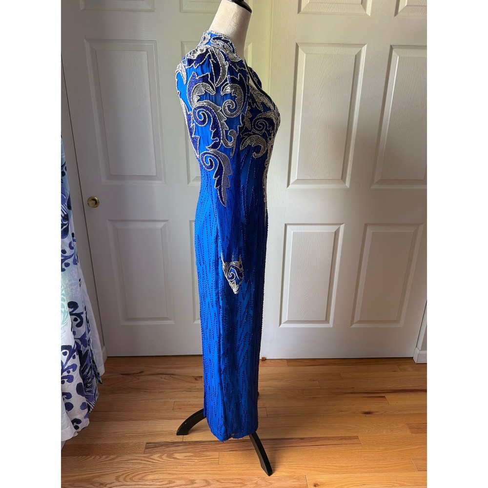 Vintage 80s 90s Silk Beaded Gown Cobalt Blue Dynasty Formal Glam Western Dolly - Picture 11 of 13